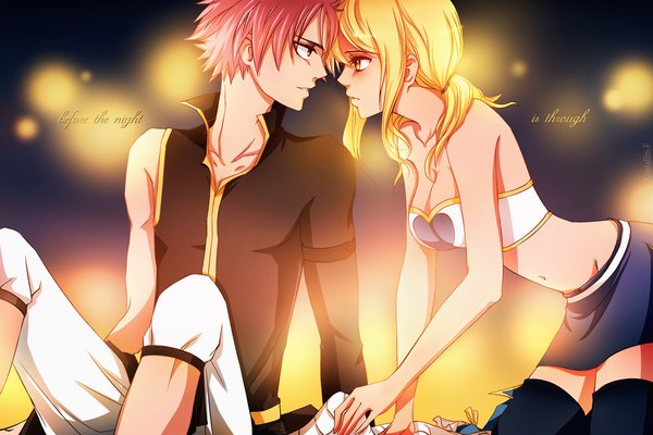 Anime picture 1440x962 with fairy tail lucy heartfilia natsu dragneel kristallin-f (artist) long hair short hair light erotic blonde hair sitting twintails bare shoulders pink hair profile midriff orange eyes couple short twintails on all fours face to face eye contact
