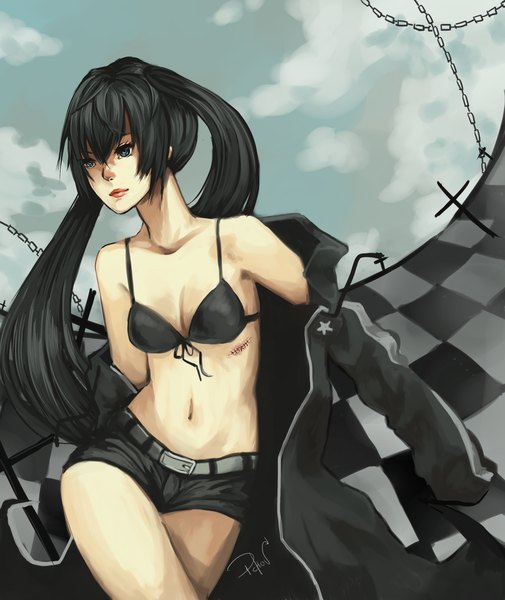 Anime picture 1728x2051 with black rock shooter black rock shooter (character) i-chou single long hair tall image highres breasts blue eyes black hair twintails bare shoulders cloud (clouds) lips midriff scar checkered floor girl navel shorts