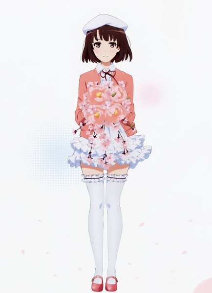 Anime picture 4253x5873 with saenai heroine no sodatekata a-1 pictures katou megumi single tall image looking at viewer highres short hair brown hair white background brown eyes absurdres scan official art frilled dress girl thighhighs dress flower (flowers) white thighhighs