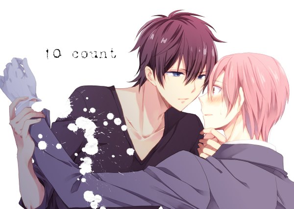 Anime picture 1271x903 with ten count riku kurose shirotani tadaomi takarai rihito tall image blush fringe short hair open mouth blue eyes simple background standing white background holding pink hair pink eyes lips open clothes multiple boys face to face