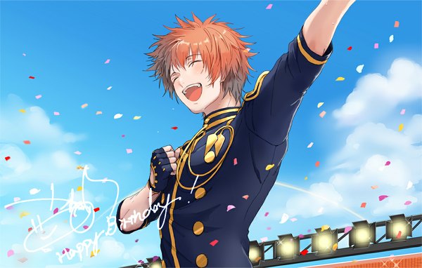 Anime picture 1137x724 with uta no prince-sama a-1 pictures ittoki otoya single short hair open mouth signed sky cloud (clouds) eyes closed orange hair boy fingerless gloves confetti searchlight