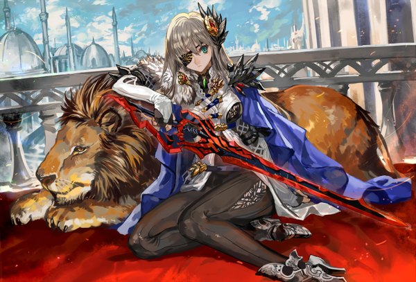 Anime picture 1471x1000 with original ranou long hair looking at viewer blue eyes sitting silver hair girl dress gloves hair ornament weapon animal sword elbow gloves shoes eyepatch lion