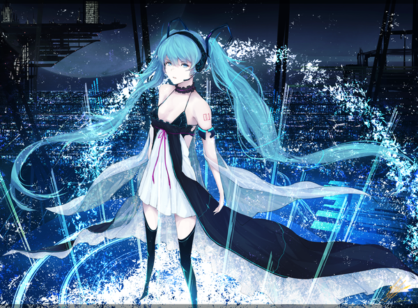 Anime picture 2512x1852 with vocaloid hatsune miku marumoru single looking at viewer highres twintails bare shoulders very long hair aqua eyes aqua hair dark background girl thighhighs dress black thighhighs choker headphones