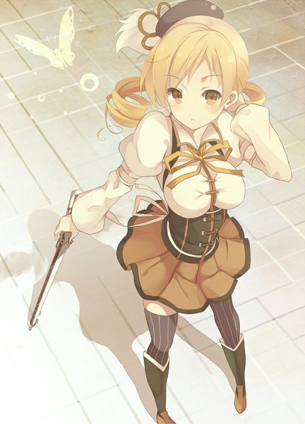 Anime picture 721x1000 with mahou shoujo madoka magica shaft (studio) tomoe mami kisaichi jin single long hair tall image looking at viewer blush blonde hair twintails yellow eyes :o shadow low twintails drill hair magical girl underbust girl thighhighs