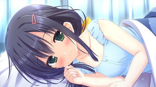 Anime picture 1280x720 with onii-chan migite no shiyou wo kinshi shimasu! imoo tsugumi single long hair looking at viewer blush black hair smile wide image green eyes game cg loli girl pajamas