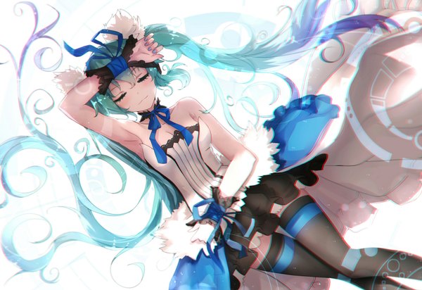 Anime picture 1700x1168 with 7th dragon 7th dragon 2020 vocaloid hatsune miku qys3 single blush twintails bare shoulders lying eyes closed very long hair aqua hair on back hand on head curly hair girl dress ribbon (ribbons) boots