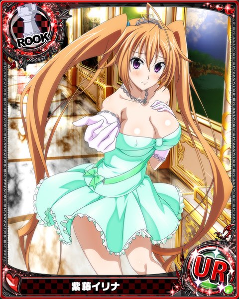 Anime picture 640x800 with highschool dxd shidou irina single tall image looking at viewer blush breasts light erotic smile brown hair large breasts purple eyes twintails cleavage very long hair card (medium) girl dress gloves elbow gloves