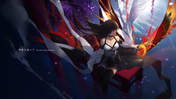 Anime picture 2268x1276 with eien no aselia seinarukana narukana (seinarukana) swd3e2 single long hair highres breasts black hair wide image sitting brown eyes signed looking away cleavage profile pleated skirt from above wind wide sleeves