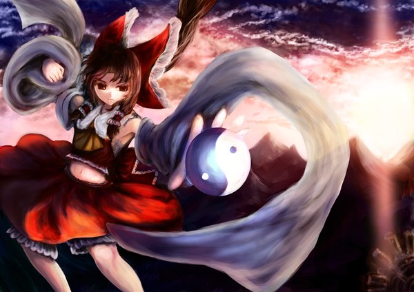 Anime picture 1366x966 with touhou hakurei reimu helrouis (artist) single long hair red eyes brown hair cloud (clouds) evening sunset mountain miko girl skirt bow hair bow detached sleeves miniskirt skirt set red skirt