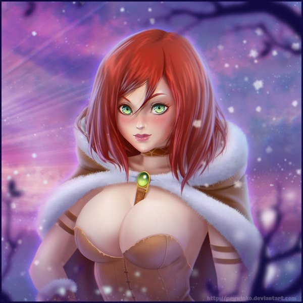 Anime picture 2000x2000 with olga narhova single blush highres short hair breasts light erotic large breasts green eyes upper body red hair lips realistic girl winter clothes
