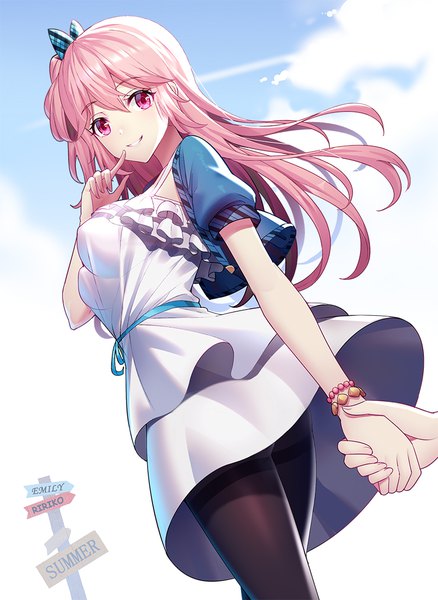 Anime picture 803x1100 with original emily stock ririko (zhuoyandesailaer) long hair tall image looking at viewer blush fringe breasts light erotic smile hair between eyes pink hair sky parted lips pink eyes short sleeves dutch angle puffy sleeves character names