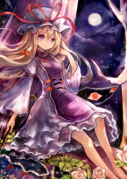 Anime picture 777x1098 with touhou yakumo yukari hanchan single long hair tall image looking at viewer fringe blonde hair purple eyes sky cloud (clouds) long sleeves barefoot night wide sleeves no shoes night sky adjusting hair girl