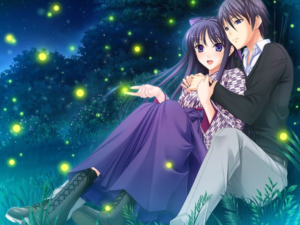 Anime picture 1024x768 with walkure romanze ryuuzouji akane long hair blush short hair open mouth blue eyes black hair game cg traditional clothes night couple girl boy plant (plants) tree (trees) boots