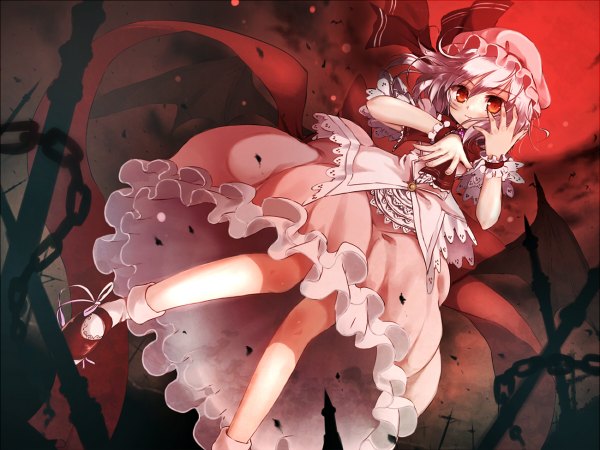 Anime picture 1200x900 with touhou remilia scarlet sumisu (mondo) looking at viewer blush short hair red eyes light smile frilled dress bat wings red moon girl dress socks frills white socks chain bonnet