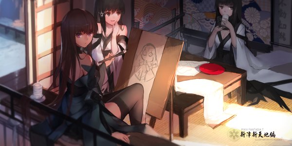 Anime picture 2126x1063 with original pixiv fantasia pixiv fantasia t swd3e2 looking at viewer highres open mouth black hair wide image sitting bare shoulders multiple girls brown eyes traditional clothes japanese clothes girl thighhighs black thighhighs kimono 3 girls