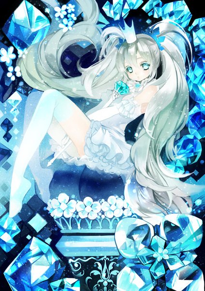 Anime picture 723x1023 with vocaloid hatsune miku bnob (rau) mochimochi tada no mochi single tall image looking at viewer fringe hair between eyes sitting twintails very long hair aqua eyes grey hair sleeveless turning head arched back between legs girl