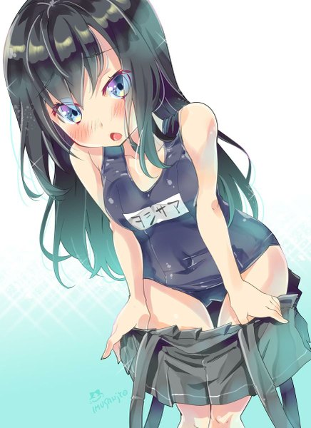 Anime picture 873x1200 with kantai collection asashio destroyer imu sanjo single long hair tall image looking at viewer blush fringe breasts open mouth blue eyes light erotic black hair simple background :o hands on hips girl skirt swimsuit