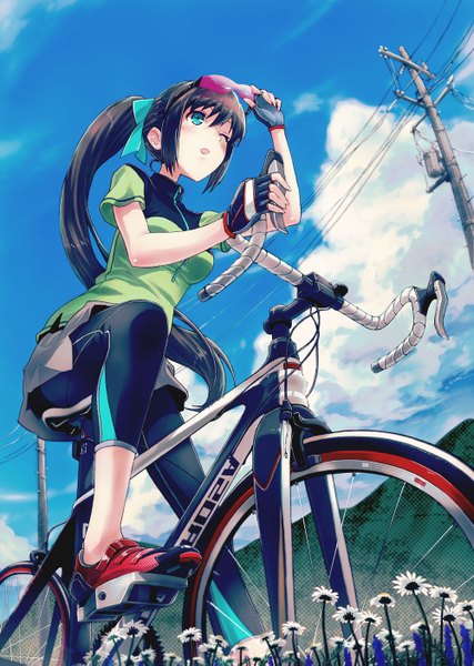 Anime picture 1000x1405 with 40hara single long hair tall image blush fringe breasts open mouth black hair sitting sky cloud (clouds) ponytail from below girl gloves uniform flower (flowers) glasses fingerless gloves