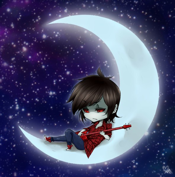 Anime picture 1183x1201 with adventure time marshall lee (adventure time) single tall image short hair black hair red eyes holding signed sky night sky pale skin reclining crescent plaid music boy earrings shirt star (stars)