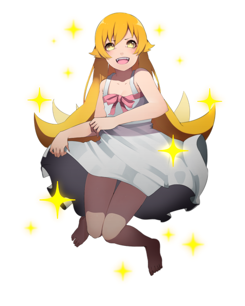 Anime picture 960x1200 with bakemonogatari shaft (studio) monogatari (series) oshino shinobu akuan (7jackpot7) single long hair tall image blush fringe open mouth blonde hair bare shoulders yellow eyes full body barefoot sparkle transparent background jumping girl