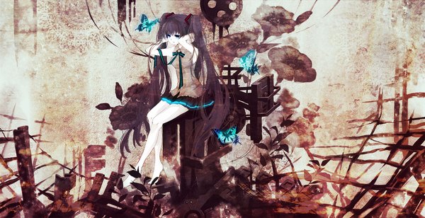 Anime picture 2000x1028 with vocaloid mirusa highres blue eyes wide image twintails girl flower (flowers) insect butterfly