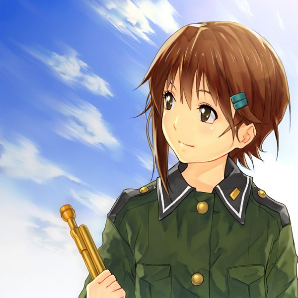 Anime picture 1000x1000 with sora no woto a-1 pictures sorami kanata single short hair brown hair brown eyes sky cloud (clouds) light smile girl uniform hair ornament hairclip military uniform
