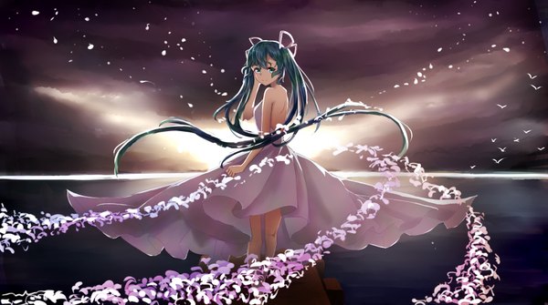 Anime picture 3429x1916 with project diva f 2nd vocaloid hatsune miku pkq single fringe highres wide image twintails bare shoulders payot cloud (clouds) very long hair looking back aqua eyes light smile from behind aqua hair sleeveless adjusting hair