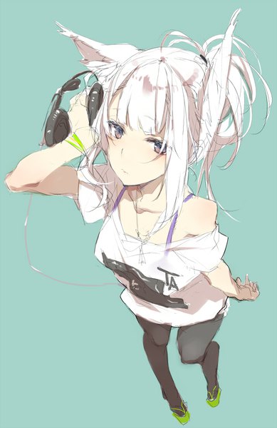 Anime picture 714x1100 with original shunsei (muratou) single tall image looking at viewer blush fringe short hair standing bare shoulders holding brown eyes animal ears payot full body white hair ponytail from above inscription fox ears
