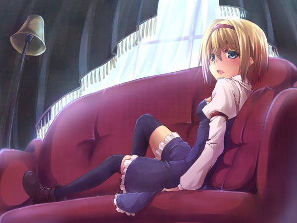 Anime picture 1400x1050 with touhou alice margatroid oukawa yuu single short hair open mouth blue eyes blonde hair looking back reclining girl thighhighs dress black thighhighs shoes window hairband pillow couch