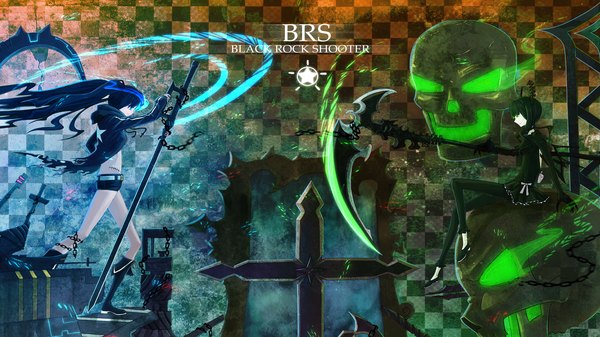 Anime picture 1920x1080 with black rock shooter black rock shooter (character) dead master highres wide image multiple girls horn (horns) glowing scar glowing eye (eyes) checkered background girl weapon 2 girls boots cross skull scythe