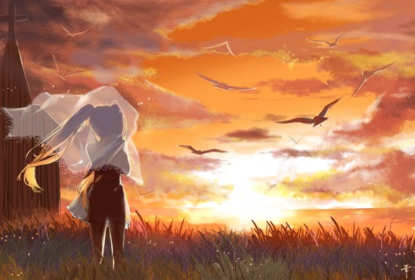 Anime picture 3496x2362 with vocaloid hatsune miku huahua single long hair highres twintails absurdres sky cloud (clouds) wind from behind alternate costume back evening sunset flying field girl plant (plants)
