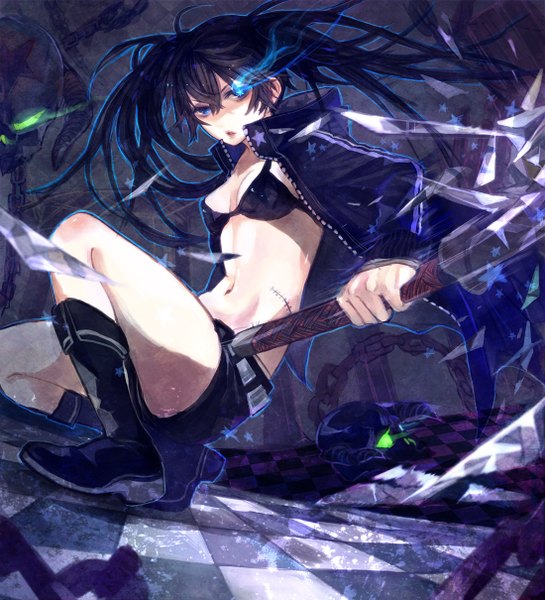Anime picture 1100x1210 with black rock shooter black rock shooter (character) sono (pixiv) single long hair tall image blue eyes black hair twintails horn (horns) girl sword shorts star (symbol) chain bikini top skull