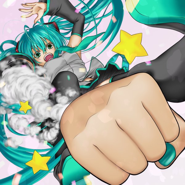 Anime picture 2000x2000 with vocaloid hatsune miku fenrir (pixiv202462) single highres open mouth twintails very long hair aqua eyes aqua hair girl skirt detached sleeves miniskirt necktie star (symbol) fist