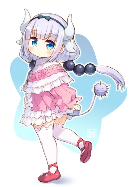 Anime picture 620x875 with kobayashi-san chi no maidragon kyoto animation kanna kamui kito (sorahate) single long hair tall image looking at viewer blush fringe blue eyes simple background standing white background twintails silver hair full body tail head tilt horn (horns)