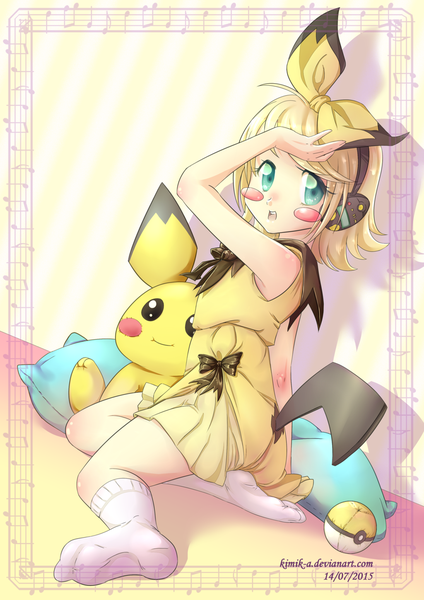 Anime picture 1024x1448 with pokemon vocaloid nintendo kagamine rin pichu kimik-a single tall image looking at viewer blush short hair open mouth blonde hair tail looking back aqua eyes gen 2 pokemon girl dress headphones