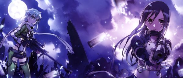 Anime picture 4085x1756 with sword art online a-1 pictures kirigaya kazuto asada shino long hair looking at viewer highres short hair blue eyes black hair wide image purple eyes blue hair sky cloud (clouds) scan night official art girl boy
