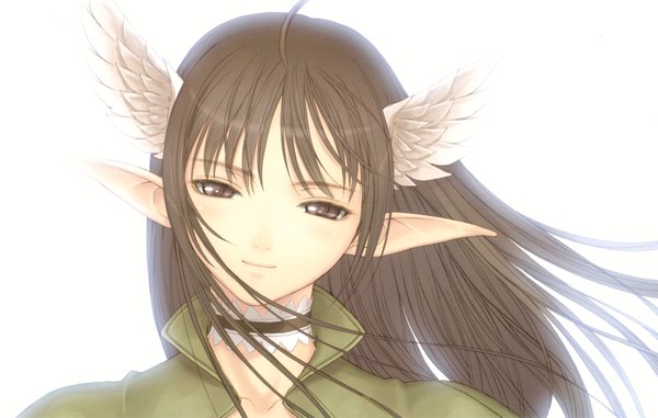 Anime picture 3268x2080 with shining (series) shining tears shining wind xecty tony taka single long hair looking at viewer highres brown hair light smile pointy ears elf head wings girl wings choker