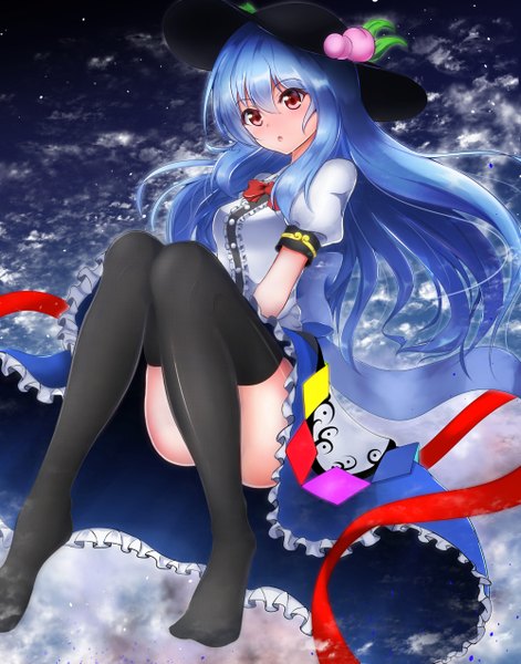 Anime picture 1000x1273 with touhou hinanawi tenshi ymd (holudoun) single long hair tall image looking at viewer red eyes blue hair girl thighhighs dress black thighhighs hat fruit peach