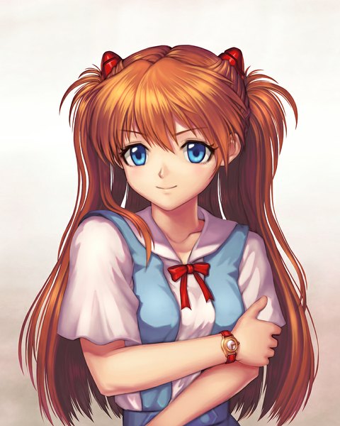 Anime picture 800x1000 with neon genesis evangelion gainax soryu asuka langley fistful single long hair tall image looking at viewer blue eyes smile brown hair white background girl uniform hair ornament school uniform clock pocket watch