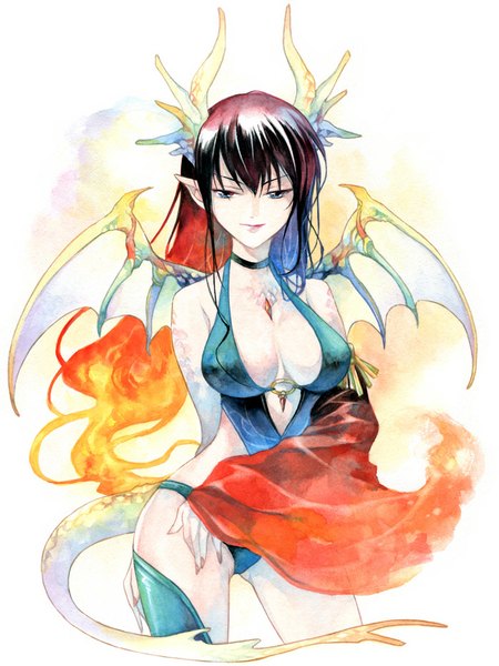 Anime picture 700x933 with original agahari single long hair tall image looking at viewer breasts blue eyes light erotic black hair smile large breasts white background tail multicolored hair horn (horns) pointy ears gradient hair traditional media watercolor (medium)