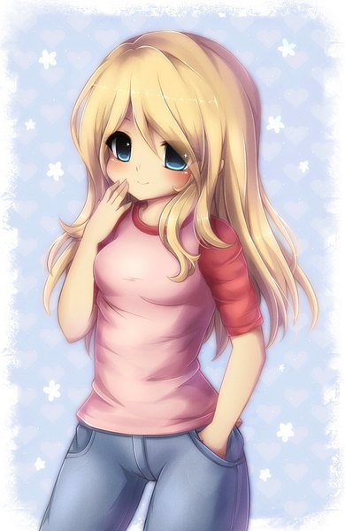 Anime picture 1135x1744 with midna01 single long hair tall image blush breasts blue eyes blonde hair smile hand in pocket girl t-shirt jeans blue jeans