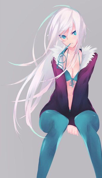 Anime picture 2004x3477 with akuroaiba single long hair tall image highres breasts light erotic simple background holding pink hair aqua eyes grey background open clothes open jacket fur trim mouth hold between legs eyewear removed girl glasses