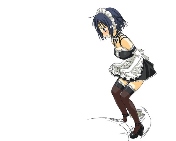 Anime picture 1280x1024 with kore ga watashi no goshujinsama sawatari izumi nakabayashi yoshitaka blush short hair blue eyes white background blue hair lying maid girl thighhighs boy gloves black thighhighs elbow gloves headdress maid headdress