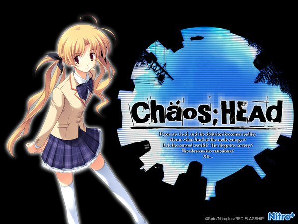 Anime picture 1024x768 with chaos;head orihara kozue long hair blonde hair twintails thighhighs skirt serafuku