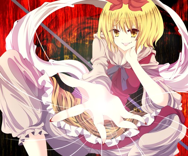 Anime picture 2000x1665 with touhou toramaru shou stigma1101 single highres short hair blonde hair smile yellow eyes outstretched arm girl bow hair bow