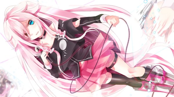 Anime picture 2400x1350 with vocaloid ia (vocaloid) skura01 single long hair blush fringe highres blue eyes wide image pink hair very long hair hair over one eye girl thighhighs skirt miniskirt boots collar microphone