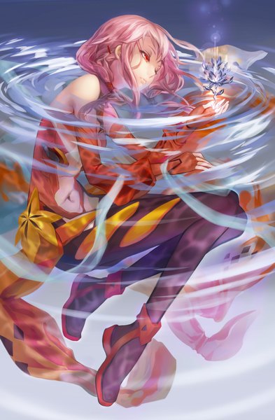 Anime picture 1240x1890 with guilty crown production i.g yuzuriha inori l.green single tall image short hair red eyes pink hair center opening girl thighhighs navel black thighhighs detached sleeves water fingerless gloves