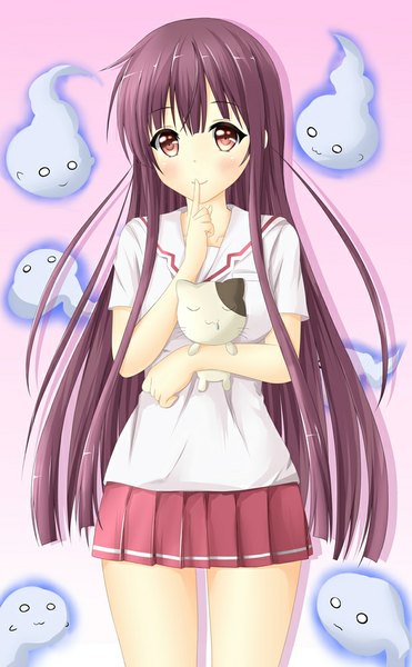 Anime picture 619x1000 with re-kan! amami hibiki tear yu single long hair tall image looking at viewer blush fringe simple background smile brown hair brown eyes finger to mouth pink background girl skirt animal cat clothes