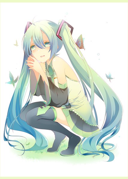 Anime picture 2300x3226 with vocaloid hatsune miku temari (deae) single tall image highres simple background white background sitting twintails very long hair aqua eyes aqua hair girl skirt hair ornament detached sleeves necktie insect butterfly