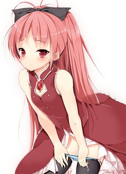 Anime picture 725x1000 with mahou shoujo madoka magica shaft (studio) sakura kyouko kawauchi (kaz7ry) single long hair tall image looking at viewer fringe breasts light erotic red eyes pink hair ahoge ponytail leaning leaning forward sleeveless panty pull girl